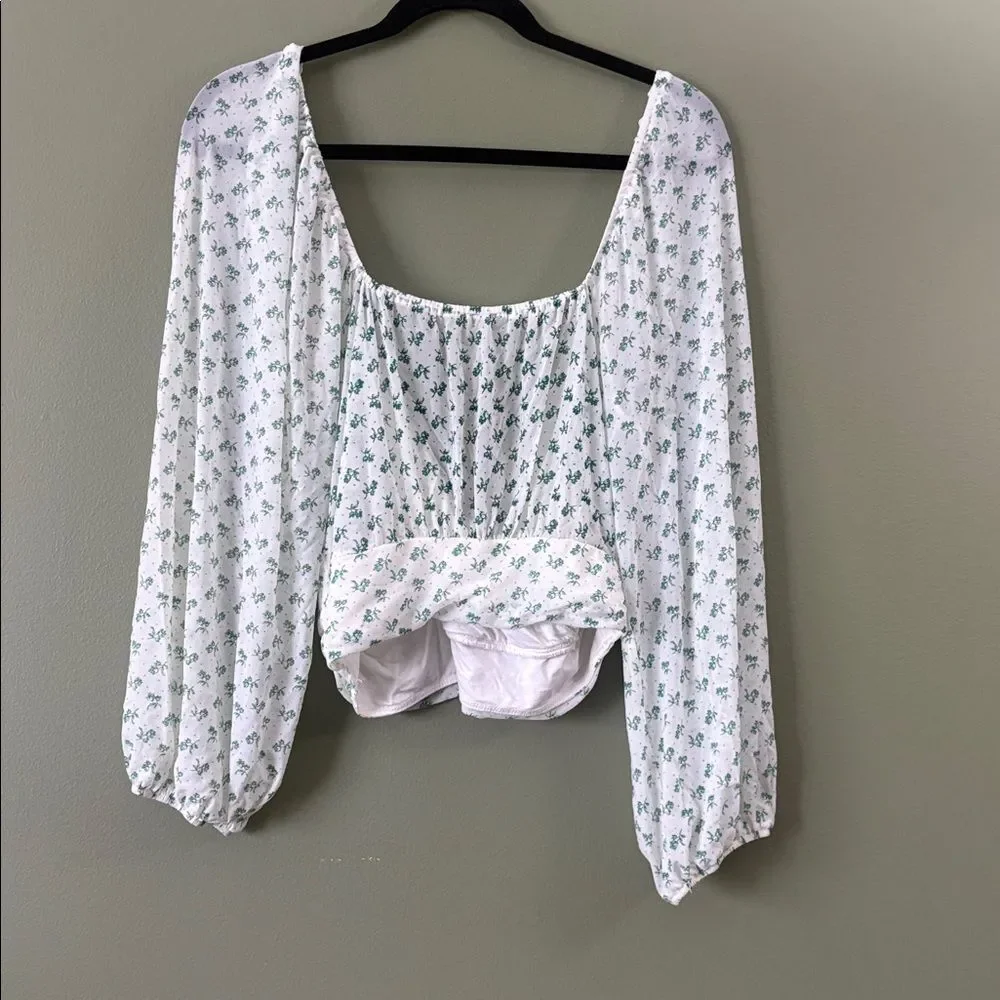 Free People Sweetie Pie Floral Sheer Faux Wrap Top Blouse Green White Sz S